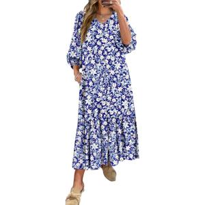 ANRABESS Boho Maxi Dresses for Women Summer Puff Sleeve V Neck Flowy Long Casual Dress with Pockets 2025 Vacation Outfits(Floral White)