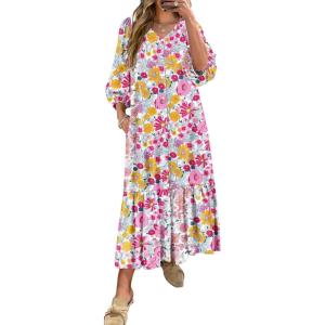ANRABESS Boho Maxi Dresses for Women Summer Puff Sleeve V Neck Flowy Long Casual Dress with Pockets 2025 Vacation Outfits(Floral Yellow Pink)