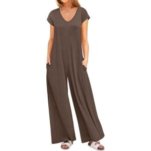 ANRABESS Jumpsuits for Women 2025 Summer Casual Loose Cap Sleeve Crewneck Wide Leg Rompers Jumper One Piece Beach Outfits(Brown)