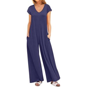 ANRABESS Jumpsuits for Women 2025 Summer Casual Loose Cap Sleeve Crewneck Wide Leg Rompers Jumper One Piece Beach Outfits(Deep Blue)