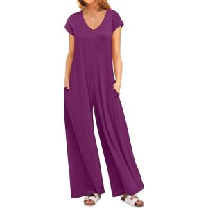 ANRABESS Jumpsuits for Women 2025 Summer Casual Loose Cap Sleeve Crewneck Wide Leg Rompers Jumper One Piece Beach Outfits(Purple Red)