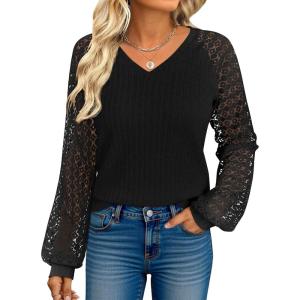 ANRABESS Lace Long Sleeve Tops for Women 2025 Fall Business Casual V Neck Shirts Work Office Trendy Blouses Fashion Outfits(Black)