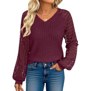 ANRABESS Lace Long Sleeve Tops for Women 2025 Fall Business Casual V Neck Shirts Work Office Trendy Blouses Fashion Outfits(Burgundy)
