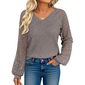 ANRABESS Lace Long Sleeve Tops for Women 2025 Fall Business Casual V Neck Shirts Work Office Trendy Blouses Fashion Outfits(Cool Ash Brown)