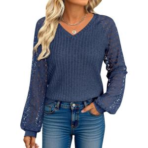 ANRABESS Lace Long Sleeve Tops for Women 2025 Fall Business Casual V Neck Shirts Work Office Trendy Blouses Fashion Outfits(Dark Blue)