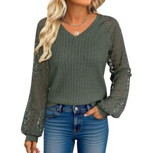 ANRABESS Lace Long Sleeve Tops for Women 2025 Fall Business Casual V Neck Shirts Work Office Trendy Blouses Fashion Outfits(Deep Green)
