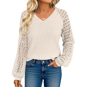 ANRABESS Lace Long Sleeve Tops for Women 2025 Fall Business Casual V Neck Shirts Work Office Trendy Blouses Fashion Outfits(Light Khaki)