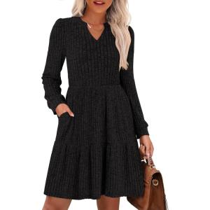 ANRABESS Long Sleeve Dress for Women Fall Fashion Outfits 2025 Casual V Neck Rib Knit Babydoll Sweater Dresses with Pockets(Black)