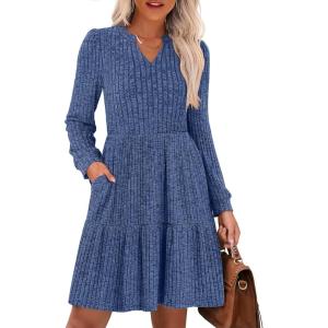 ANRABESS Long Sleeve Dress for Women Fall Fashion Outfits 2025 Casual V Neck Rib Knit Babydoll Sweater Dresses with Pockets(Dark Blue)