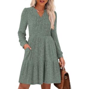 ANRABESS Long Sleeve Dress for Women Fall Fashion Outfits 2025 Casual V Neck Rib Knit Babydoll Sweater Dresses with Pockets(Grey Green)
