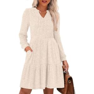 ANRABESS Long Sleeve Dress for Women Fall Fashion Outfits 2025 Casual V Neck Rib Knit Babydoll Sweater Dresses with Pockets(Light Khaki)