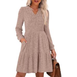 ANRABESS Long Sleeve Dress for Women Fall Fashion Outfits 2025 Casual V Neck Rib Knit Babydoll Sweater Dresses with Pockets(Tan)