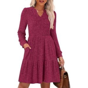 ANRABESS Long Sleeve Dress for Women Fall Fashion Outfits 2025 Casual V Neck Rib Knit Babydoll Sweater Dresses with Pockets(Wine Red)