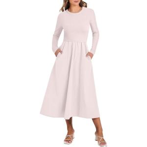 ANRABESS Long Sleeve Midi Dresses for Women 2025 Fall Fashion Casual Rib Knit Patchwork Tight Top Modest Flowy Dress Pocket(Beige)