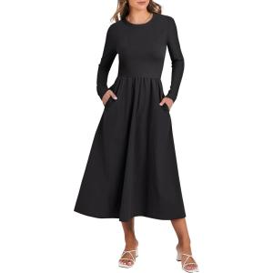 ANRABESS Long Sleeve Midi Dresses for Women 2025 Fall Fashion Casual Rib Knit Patchwork Tight Top Modest Flowy Dress Pocket(Black)