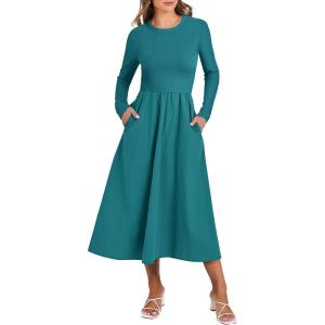 ANRABESS Long Sleeve Midi Dresses for Women 2025 Fall Fashion Casual Rib Knit Patchwork Tight Top Modest Flowy Dress Pocket(Lake Green)