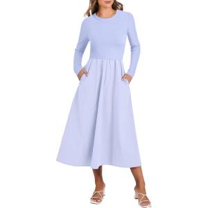 ANRABESS Long Sleeve Midi Dresses for Women 2025 Fall Fashion Casual Rib Knit Patchwork Tight Top Modest Flowy Dress Pocket(Light Blue)