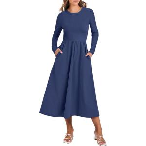 ANRABESS Long Sleeve Midi Dresses for Women 2025 Fall Fashion Casual Rib Knit Patchwork Tight Top Modest Flowy Dress Pocket(Navy Blue)