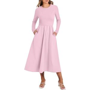 ANRABESS Long Sleeve Midi Dresses for Women 2025 Fall Fashion Casual Rib Knit Patchwork Tight Top Modest Flowy Dress Pocket(Pink)