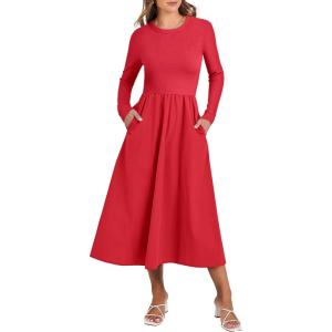 ANRABESS Long Sleeve Midi Dresses for Women 2025 Fall Fashion Casual Rib Knit Patchwork Tight Top Modest Flowy Dress Pocket(Red)
