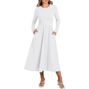 ANRABESS Long Sleeve Midi Dresses for Women 2025 Fall Fashion Casual Rib Knit Patchwork Tight Top Modest Flowy Dress Pocket(White)