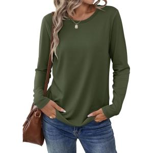 ANRABESS Long Sleeve Shirts for Women Casual Crewneck Basic Tee Tshirts Loose Fit Curved Hem Tunic Top 2025 Fall Outfits(Army Green)