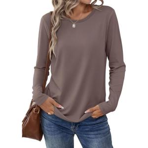 ANRABESS Long Sleeve Shirts for Women Casual Crewneck Basic Tee Tshirts Loose Fit Curved Hem Tunic Top 2025 Fall Outfits(Brown)