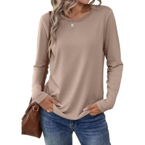 ANRABESS Long Sleeve Shirts for Women Casual Crewneck Basic Tee Tshirts Loose Fit Curved Hem Tunic Top 2025 Fall Outfits(Light Brown)