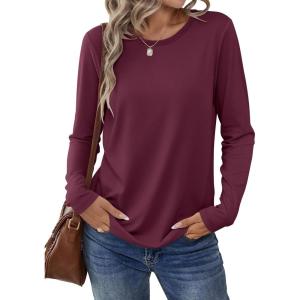 ANRABESS Long Sleeve Shirts for Women Casual Crewneck Basic Tee Tshirts Loose Fit Curved Hem Tunic Top 2025 Fall Outfits(Wine Rad)