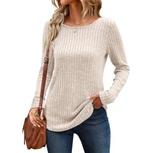 ANRABESS Long Sleeve Shirts for Women Crewneck Tunic Tops Business Casual Fit Fall Lightweight Sweaters Fashion Clothes 2025(Light Khaki)