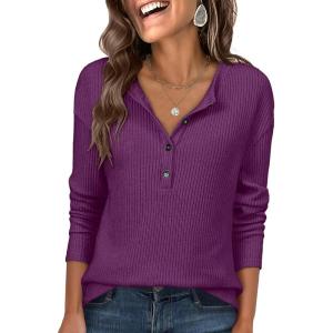 ANRABESS Long Sleeve Shirts for Women Henley Tops Dressy Casual T-Shirts Blouses 2025 Fall Lightweight Sweaters(Deep Purple)