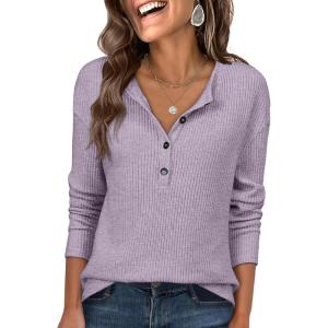 ANRABESS Long Sleeve Shirts for Women Henley Tops Dressy Casual T-Shirts Blouses 2025 Fall Lightweight Sweaters(Light Purple)