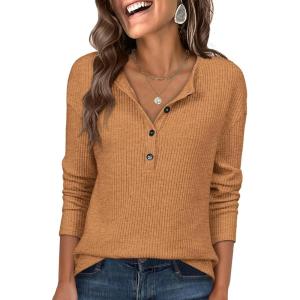 ANRABESS Long Sleeve Shirts for Women Henley Tops Dressy Casual T-Shirts Blouses 2025 Fall Lightweight Sweaters(Rust Orange)
