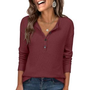 ANRABESS Long Sleeve Shirts for Women Henley Tops Dressy Casual T-Shirts Blouses 2025 Fall Lightweight Sweaters(Rust Red)