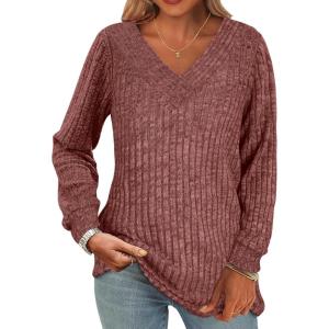 ANRABESS Long Sleeve Shirts for Women V Neck Tunic Tops Business Casual Loose Fall Lightweight Sweaters Fashion Clothes 2025(Rust)