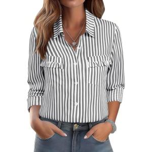 ANRABESS Long Sleeve Striped Shirts for Women Fall Button Down Cute Tops 2025 V Neck Businese Casual Blouses with Pockets(Black Striped)
