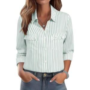 ANRABESS Long Sleeve Striped Shirts for Women Fall Button Down Cute Tops 2025 V Neck Businese Casual Blouses with Pockets(Green Striped)