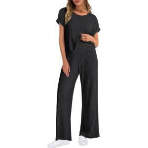 ANRABESS Lounge Sets For Women Fall Ribbed Knit 2 Piece Pajama Sets Casual Short Sleeve Top and Long Pants Matching Outfits(Black)
