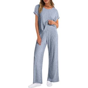 ANRABESS Lounge Sets For Women Fall Ribbed Knit 2 Piece Pajama Sets Casual Short Sleeve Top and Long Pants Matching Outfits(Blue)