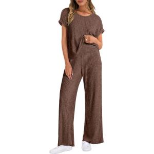 ANRABESS Lounge Sets For Women Fall Ribbed Knit 2 Piece Pajama Sets Casual Short Sleeve Top and Long Pants Matching Outfits(Brown)