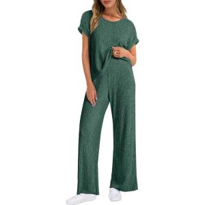 ANRABESS Lounge Sets For Women Fall Ribbed Knit 2 Piece Pajama Sets Casual Short Sleeve Top and Long Pants Matching Outfits(Green)