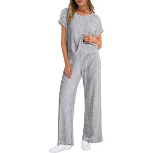 ANRABESS Lounge Sets For Women Fall Ribbed Knit 2 Piece Pajama Sets Casual Short Sleeve Top and Long Pants Matching Outfits(Grey)