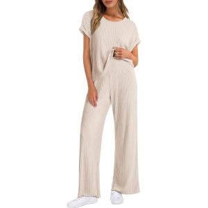 ANRABESS Lounge Sets For Women Fall Ribbed Knit 2 Piece Pajama Sets Casual Short Sleeve Top and Long Pants Matching Outfits(Light Khaki)