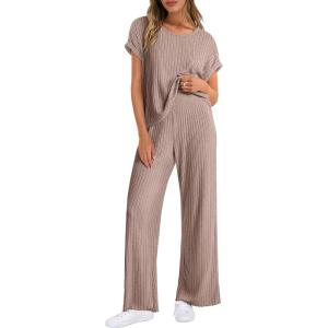 ANRABESS Lounge Sets For Women Fall Ribbed Knit 2 Piece Pajama Sets Casual Short Sleeve Top and Long Pants Matching Outfits(Tan Khaki)