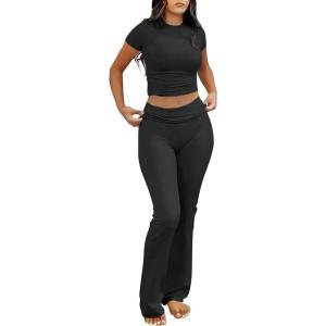 ANRABESS Lounge Sets for Women 2 Piece Foldover Yoga Flare Leggings Pants Crop Tops Casual Y2K Outfits Matching Tracksuit Set(Black)