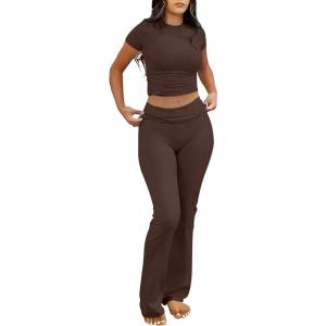 ANRABESS Lounge Sets for Women 2 Piece Foldover Yoga Flare Leggings Pants Crop Tops Casual Y2K Outfits Matching Tracksuit Set(Brown)