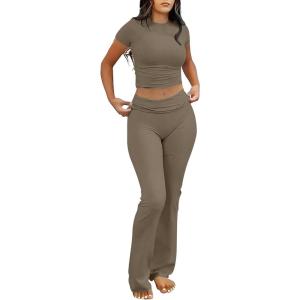 ANRABESS Lounge Sets for Women 2 Piece Foldover Yoga Flare Leggings Pants Crop Tops Casual Y2K Outfits Matching Tracksuit Set(Coffee Grey)