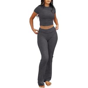 ANRABESS Lounge Sets for Women 2 Piece Foldover Yoga Flare Leggings Pants Crop Tops Casual Y2K Outfits Matching Tracksuit Set(Dark Gray)