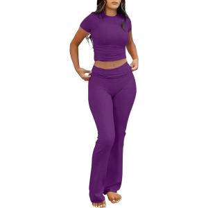 ANRABESS Lounge Sets for Women 2 Piece Foldover Yoga Flare Leggings Pants Crop Tops Casual Y2K Outfits Matching Tracksuit Set(Deep Purple)