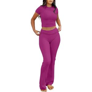 ANRABESS Lounge Sets for Women 2 Piece Foldover Yoga Flare Leggings Pants Crop Tops Casual Y2K Outfits Matching Tracksuit Set(Hot Pink)